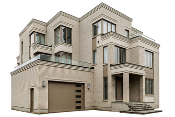 Obraz premium Modern beige brick residence with multiple windows and a garage house architecture