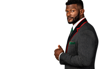 Stylish man in tailored suit poses confidently with a thumbs up