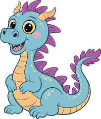 Cute cartoon baby dragon, smiling blue dragon character, fantasy creature illustration, flat vector art, magical animal clipart, children design