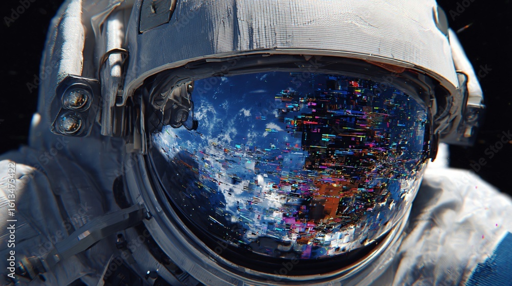 Poster a close up captures an astronauts helmet featuring a mesmerizing distorted reflection of earth blend