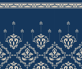 Elegant damask pattern in navy and beige with decorative motifs