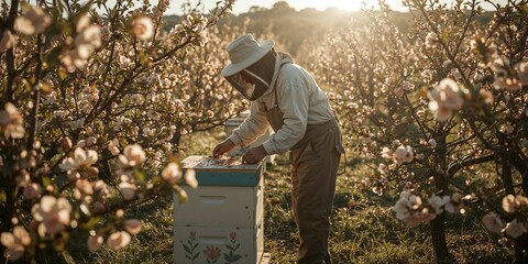 Beekeeper inspecting a beehive in a field of flowering trees during a sunny day on a farm setting