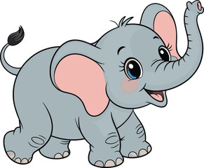 Adorable baby elephant cartoon, happy elephant illustration, cute animal character design, children vector art, smiling trunk up elephant, playful clipart