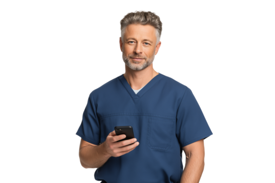 Confident senior male doctor wearing scrubs, cap, and stethoscope, holding a smartphone, symbolizing modern healthcare communication and professionalism 