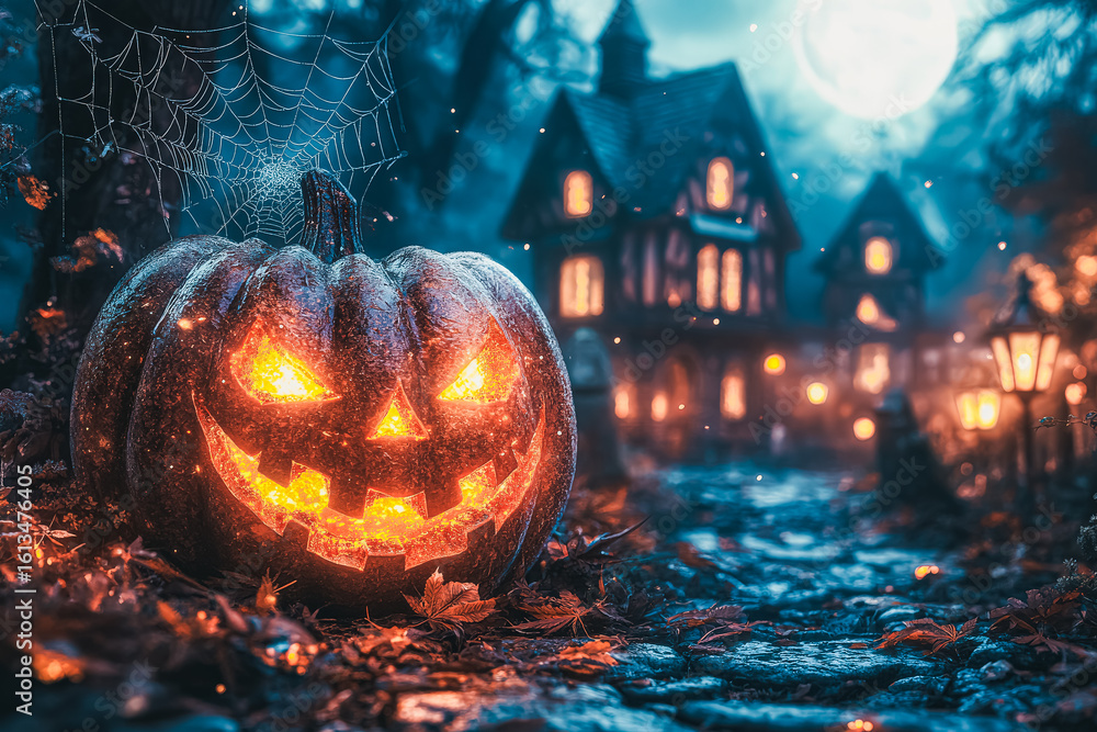 Poster large pumpkin with a smiley face is placed on a path in front of a house. the pumpkin is glowing wit