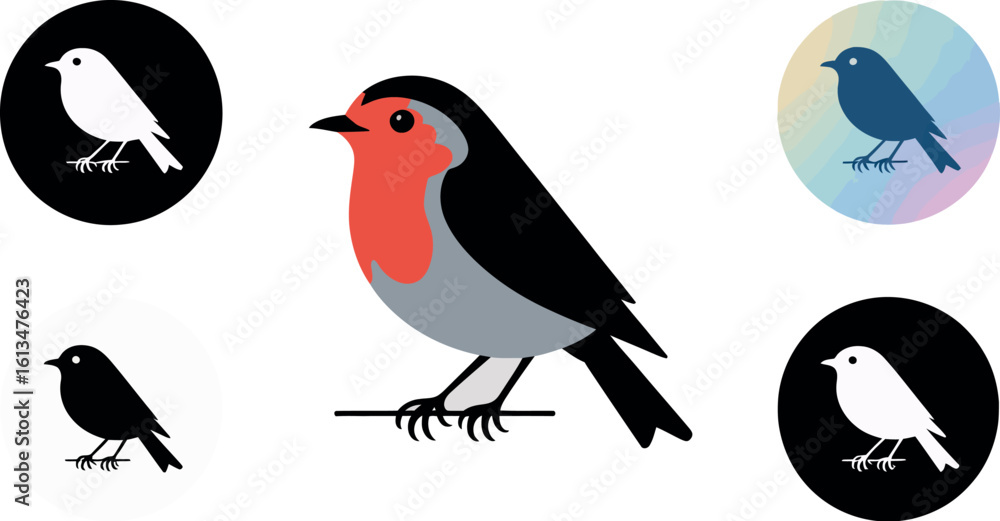 Poster illustration of a robin bird with various bird icons in circles on a light gray background
