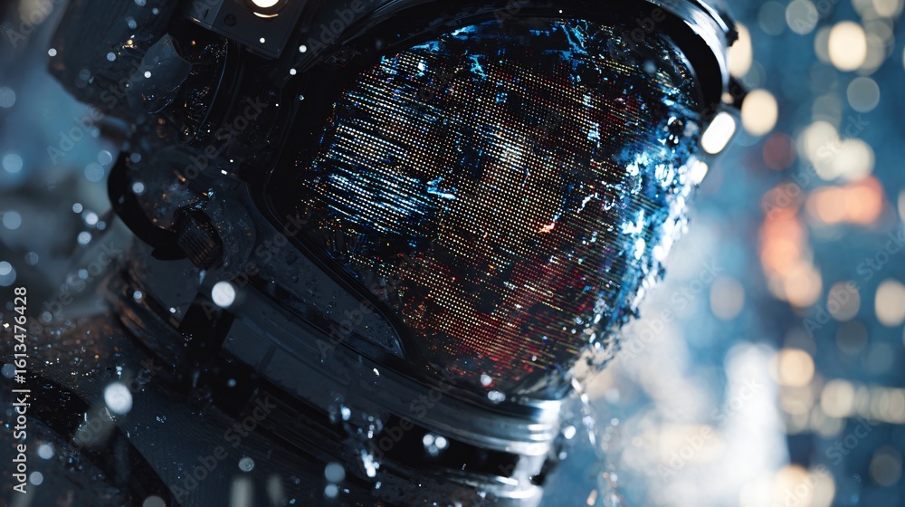Poster a close up of an astronauts helmet reflects a distorted cityscape creating a futuristic and surreal 