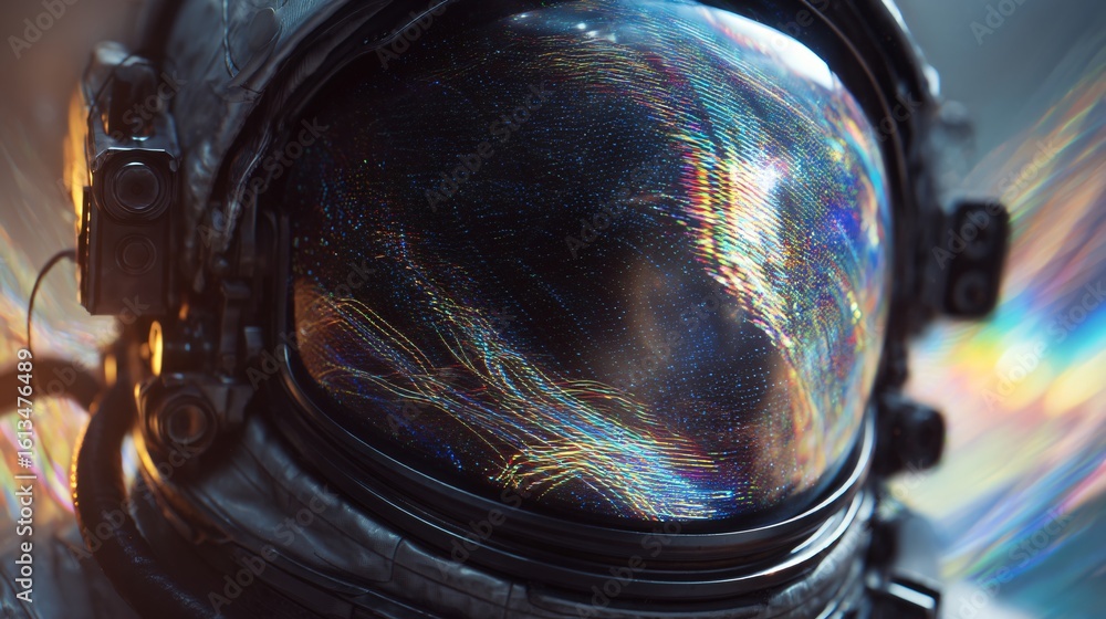 Poster a close-up image captures an astronaut's dark helmet reflecting a dazzling display of digital glitch