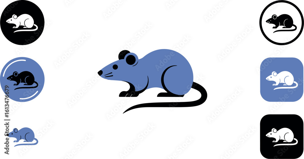 Aufkleber illustration of a gray rat with multiple rat icons in different styles and colors on a white backgro