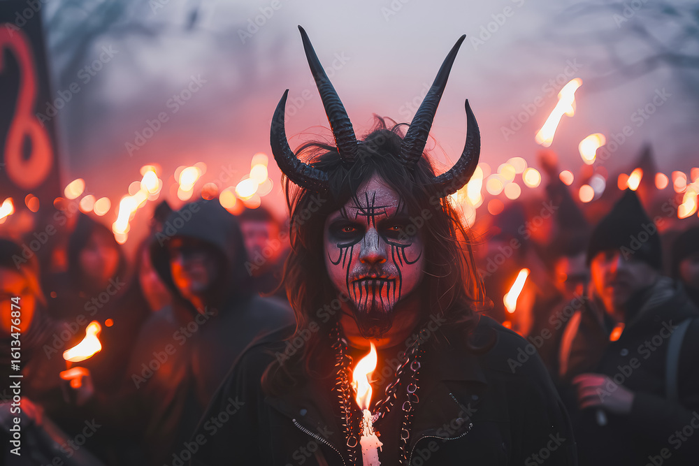 Poster man with horns and a cross on his face stands in front of a crowd of people. the crowd is holding to