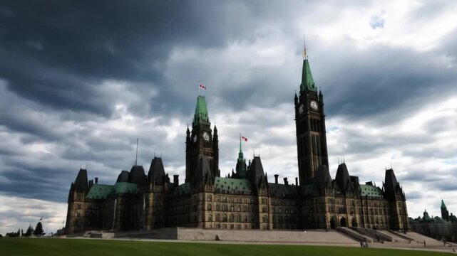 Ottawa Parliament Hill in Canada with the Canadian Flag against cloudy sky