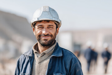 smiling foundry worker with focus on his expressive eyes radiating warmth and positivity