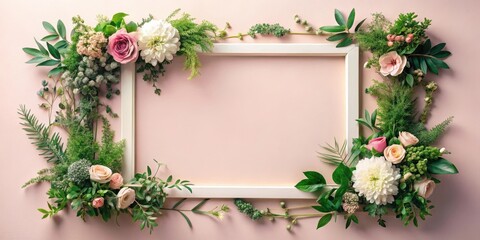 Obraz premium A delicate arrangement of blossoms and greenery forms a vibrant frame around a pristine white picture frame on a soft pink backdrop