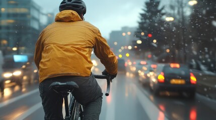 Cyclist Riding in Rain on Wet City Street