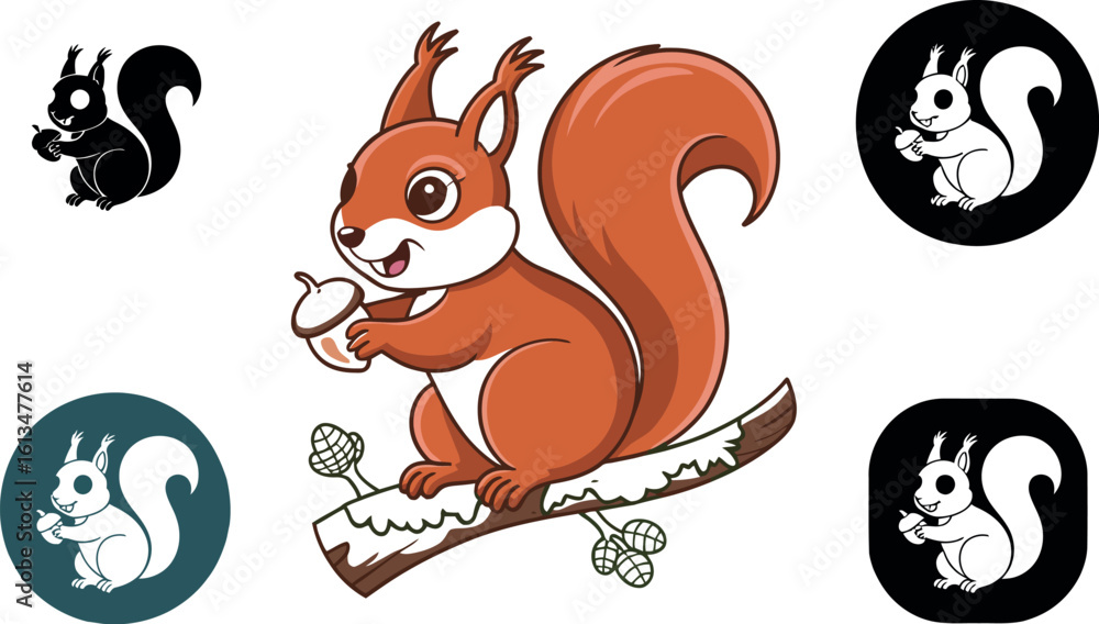 Poster cartoon squirrel holding an acorn on a branch surrounded by squirrel icons and leafy background