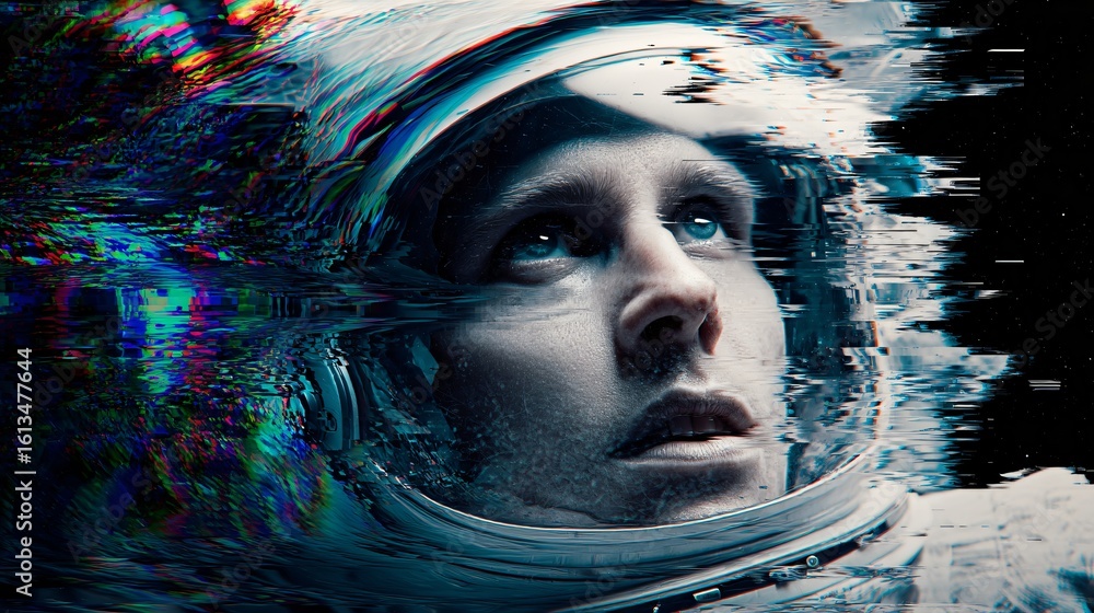 Poster surreal portrait of an astronaut with digital distortion cascading from their helmet, evoking a sens