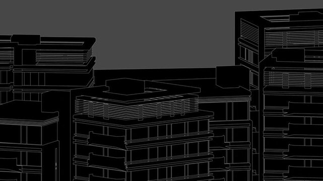 Animation of a Generic Apartment Building Complex, Seamless Looped Animation, linework, black