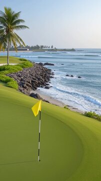 Golf course near ocean with green grass yellow flag putting green palm tree rocky shore clear sky peaceful scenic outdoor sports environment tropical coastal scene rocky coastline outdoor atmosphere