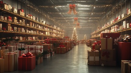 Christmas gift warehouse presents storage holiday season gifts galore festive cheer christmas trees silhouette