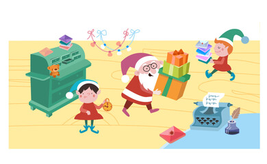 Santa Claus and elves are preparing for Christmas. New Year and winter holidays. Children scene for design. Vector illustration.