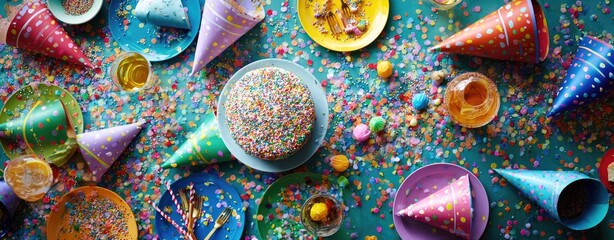 Colorful party spread with cake, confetti, and hats