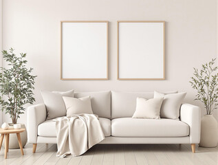 Photo of comfortable sofa with blank picture frames