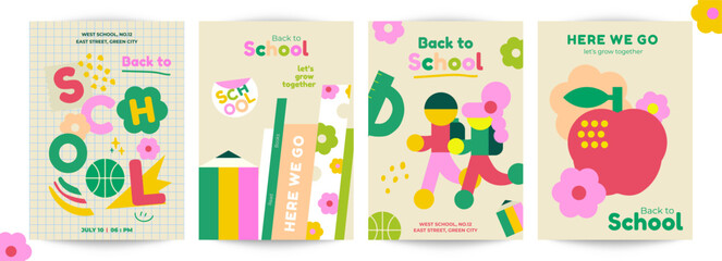 Set of 4 retro-style Back to School posters. Geometric shapes, playful typography, and fun illustrations with a school theme. Perfect for promoting school events.
