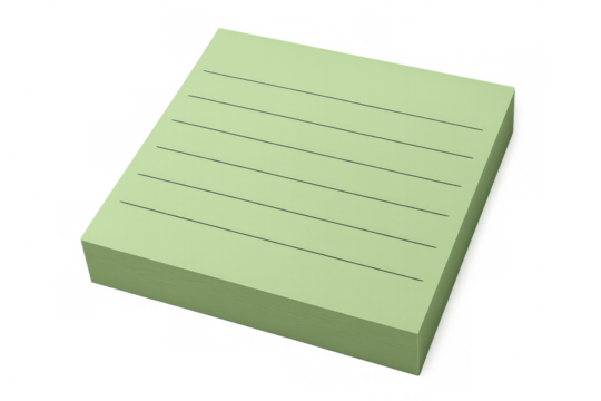 Blank green sticky notes pad with lines on transparent background, creating a simple yet effective space for reminders or quick jottings