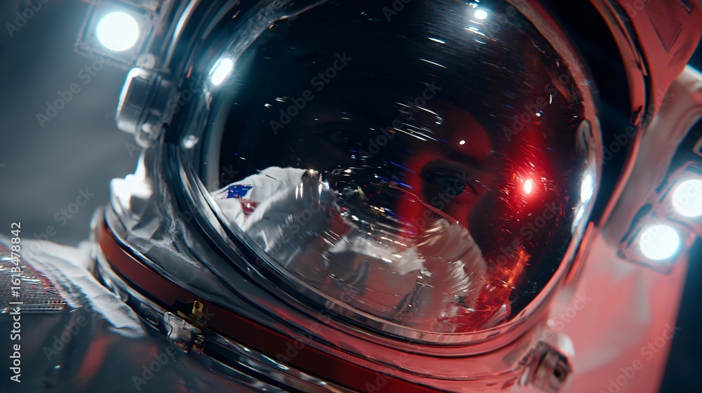 Poster a close up astronauts helmet reflects a glitching digital world flickering with abstract light patte