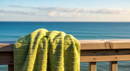 Seaside Serenity: Green Towel on Railing with Ocean View