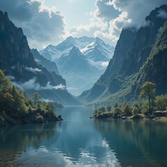 Picturesque Reflections Created by Sunlight Illuminating Rugged Mountain Ranges and a Clear Lake Flowing Between Them, with Clouds and Mountain Shadows on the Water.