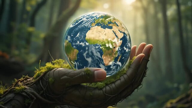 Protecting our planet: A hand holds the Earth in a thriving forest setting
