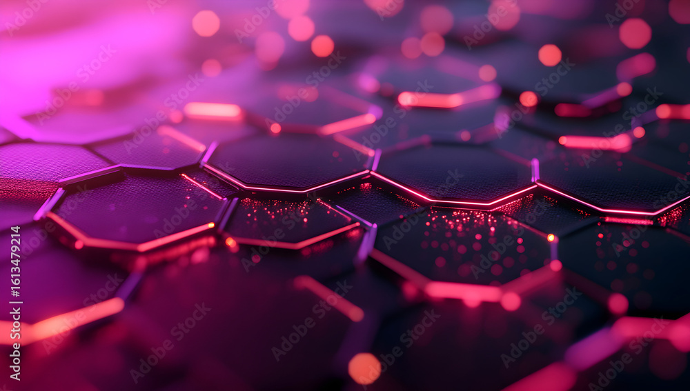 Poster abstract hexagonal pattern glows with vibrant pink and purple neon lights creating a futuristic, tec