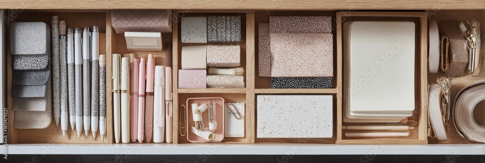 Poster organized stationery drawer showcases soft tones with neatly arranged supplies and ample blank space