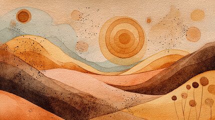 Watercolor desert landscape with soft pastel hills