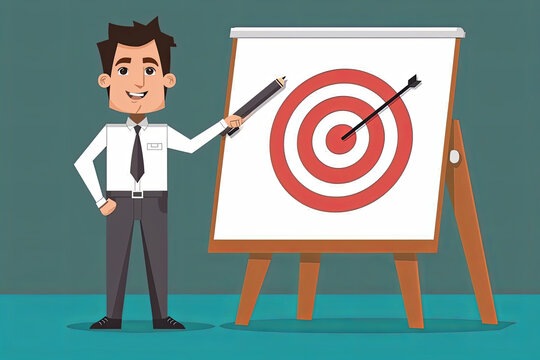 Cartoon presenter points to a target with arrow on a whiteboard, indicating goal achievement and strategic planning in a business presentation - Powered by Adobe
