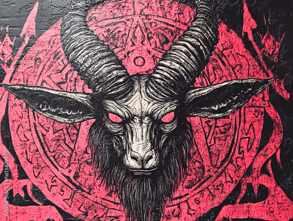Poster painting of a goat with horns and a red circle in the background. the goat has a demonic look to it 