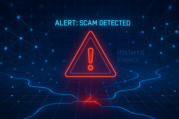 Cyber warning interface showing “Alert: Scam Detected” with exclamation symbol on a blue grid background, perfect for scam protection visuals.

