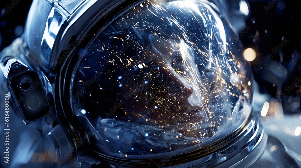 Poster close-up of an astronaut's helmet reflecting a cosmic display of stars and light, creating a surreal