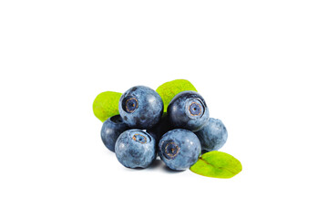 Ripe fresh blueberries with leaves isolated on white.