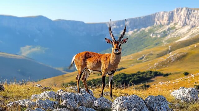 A gazelle-like antelope stands proudly on a rocky hillside, with majestic mountains in the background