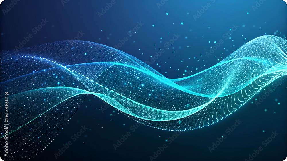 Poster flowing luminous waves with sparkling particles abstract