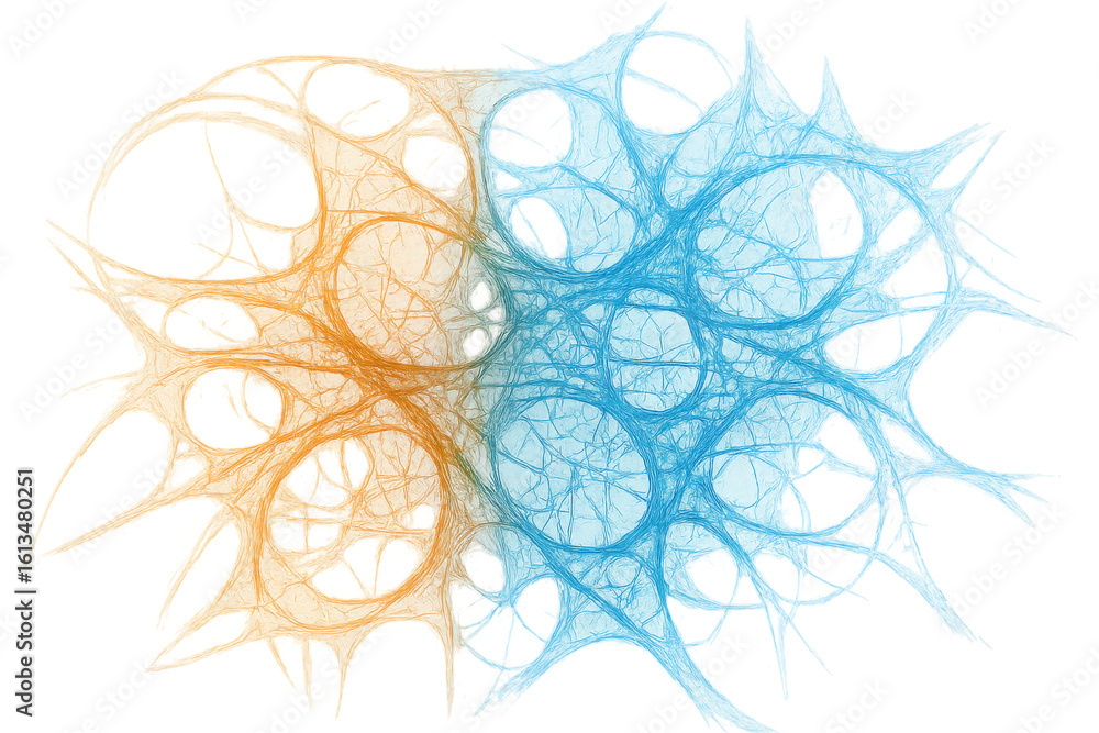 Poster vibrant orange and blue geometric forms intersecting, generating dynamic visual tension on transluce