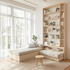 Photo of living room with sectional sofa and bookshelf