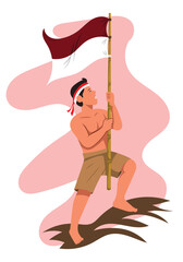 vector flat art, young man carrying the Indonesian flag
