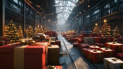 Christmas gifts and trees in warehouse for holiday celebration and festive season shopping concept silhouette