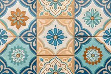 Coastal Mediterranean Painted Tile Background with Floral Mosaic Design