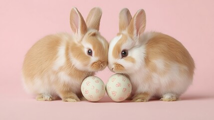 Fototapeta premium Two small, light brown rabbits with white markings, seated together, holding Easter eggs.