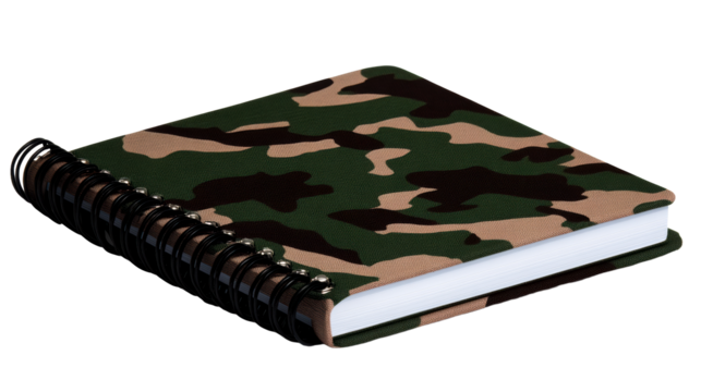 Camo patterned notebook with spiral binding on transparent background