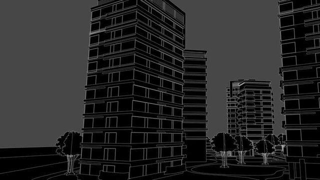 Animation of a Generic Apartment Building Complex, Seamless Looped Animation, linework, black